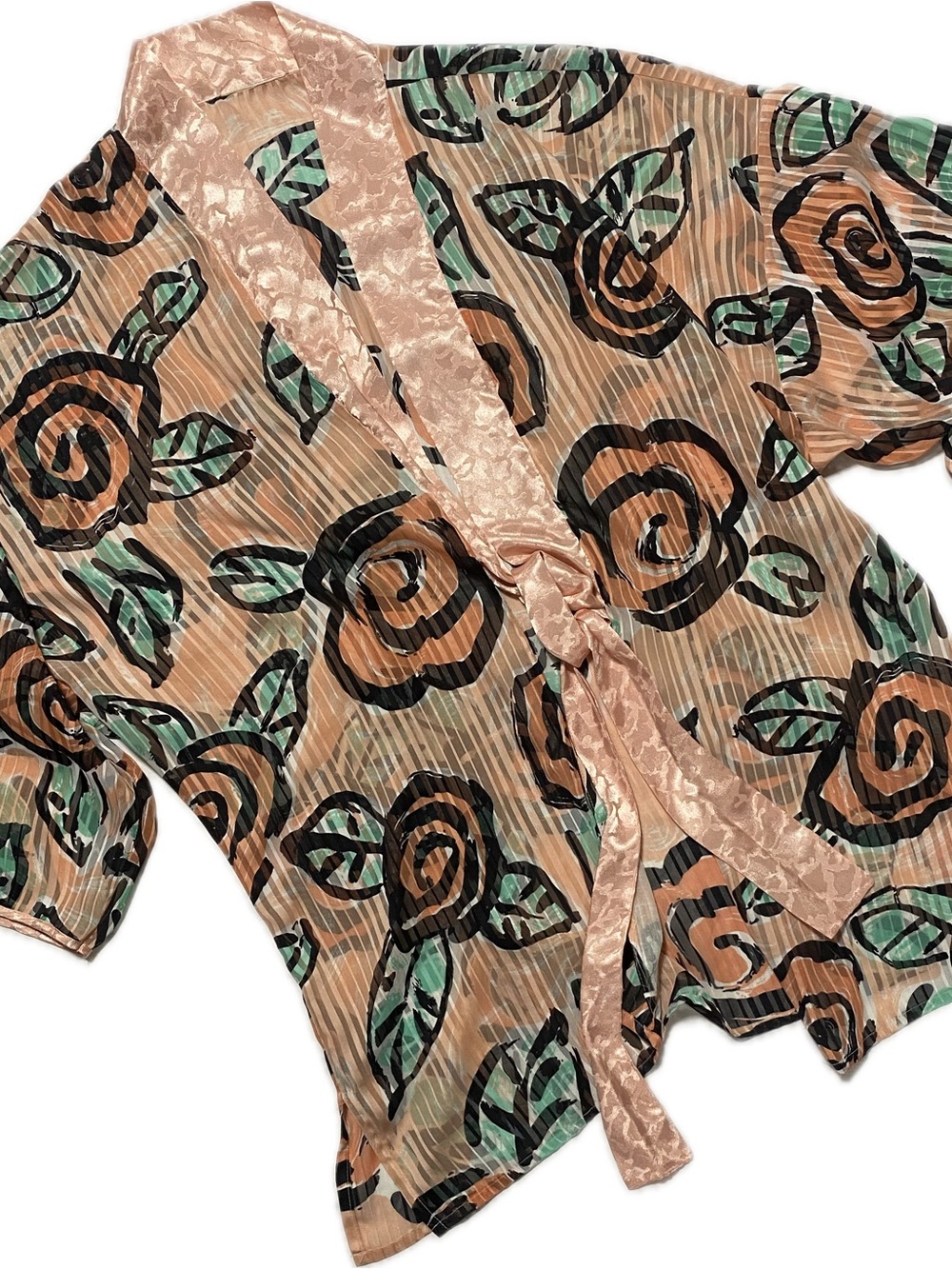 Sheer Floral Tie-Waist Kimono Robe in Peach and Mint